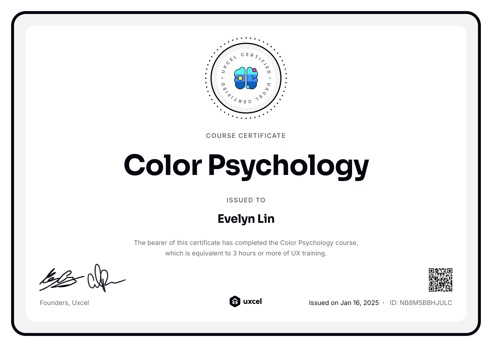 Evelyn Lin's certificate